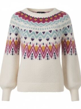 Cream Fair Isle Crewneck Sweater with Multicolor Pattern